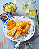 Cornflake crusted chicken strips with celery puree