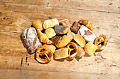 Various freshly baked goods on a wooden table