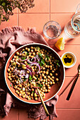 Chickpea salad with red onion, celery, parsley, garlic, olive oil and lemon juice