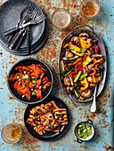 Vegan Korean barbecue with tofu, meat substitute, and vegetables