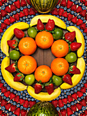 Früchte und Beeren kreisförmig um den Bildrand arrangiert