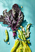 An arrangement of purple cabbage leaves and broad beans