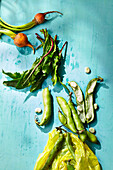 An arrangement of vegetables on a blue surface