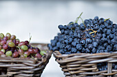 Grapes in baskets on a market stall