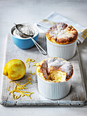 Lemon souffle with a spoonful taken out