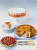 Strawberry shortcake, pear tart, and strawberry tart