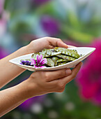 Unrecognizable female demonstrating plate with roasted snow peas garnished with flowers on blurred background of garden