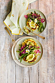 Courgette potato fritters with bean puree