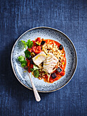 Poached cod with fregola on tomato sauce