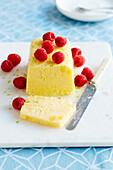 Vegan semifreddo with pineapple, lime, and raspberries