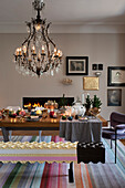 Festive Christmas table with waffle bench, chandelier