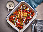 Roasted vegetables with Hasselback halloumi