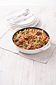 Bulgur pilaf with chicken and pomegranate seeds