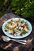 Chicken and peach salad with herbs and feta cheese