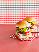 Cheeseburger on red and white checked napkins
