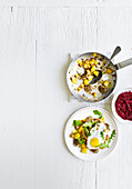 Scandinavian style sausage hash with pickled beets