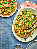 Rice with paneer, peas and sugar snap peas