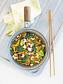 Spicy noodles with mushrooms and broccoli