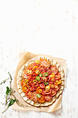 Tomato tart with roasted tomatoes and a double cheese crust