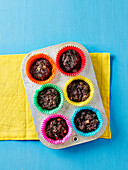 Chocolate muffins in colourful paper cups