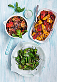 Thre vegetarian sides, padrones, ratatouille and grilled pepper