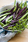 Purple and green beans with savory in a vintage enamel colander
