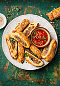 Minced meat puff pastry rolls with tomato dip