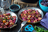Red cabbage with chorizo, pears and plums