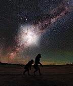 Hominids walking under a Milky Way flare, illustration