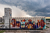 Mural on grain elevator, aerial photograph