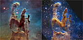 Pillars of Creation, JWST and Hubble images