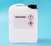 Pesticide in a plastic canister, conceptual image