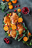 Roasted chicken thighs with cranberries and mandarins