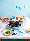 Mussels with sherry and chili and pimientos de padrón with smoked salt