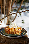 Apple tartelette with cream served in a wintery garden