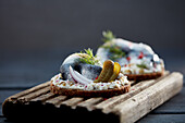 Rollmop herring with gherkins and onions on pumpernickel rounds