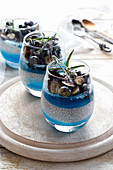 Chia cream with blueberries and blue jelly