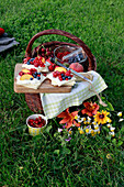 Picknickkorb mit Waffeln und frischem Obst auf der Wiese