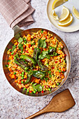 Spanish vegetable paella with roasted peppers