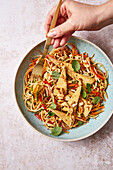 Noodle salad with raw vegetables and Thai style peanut tofu