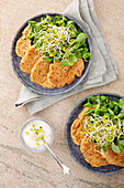 Linseed pancakes with lamb's lettuce, sprouts and dip