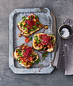 Vegan deluxe open sandwiches with fried aubergines