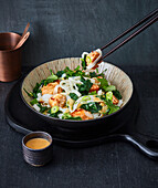 Rice noodle salad with salmon and miso dressing