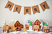 Gingerbread Houses, Biscuits, Trees and Snowman with Merry String Banner