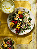 Buckwheat and pistachio salad with vegetable kebabs