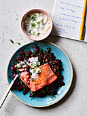 Roasted salmon with puy lentils and a dill-yoghurt sauce