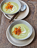 Brussels sprout soup with fried carrot strips
