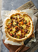 Autumn pumpkin quiche with minced meat and processed cheese