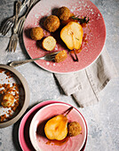 Curd balls with caramelised pears