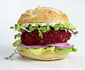 A beetroot burger with cream cheese